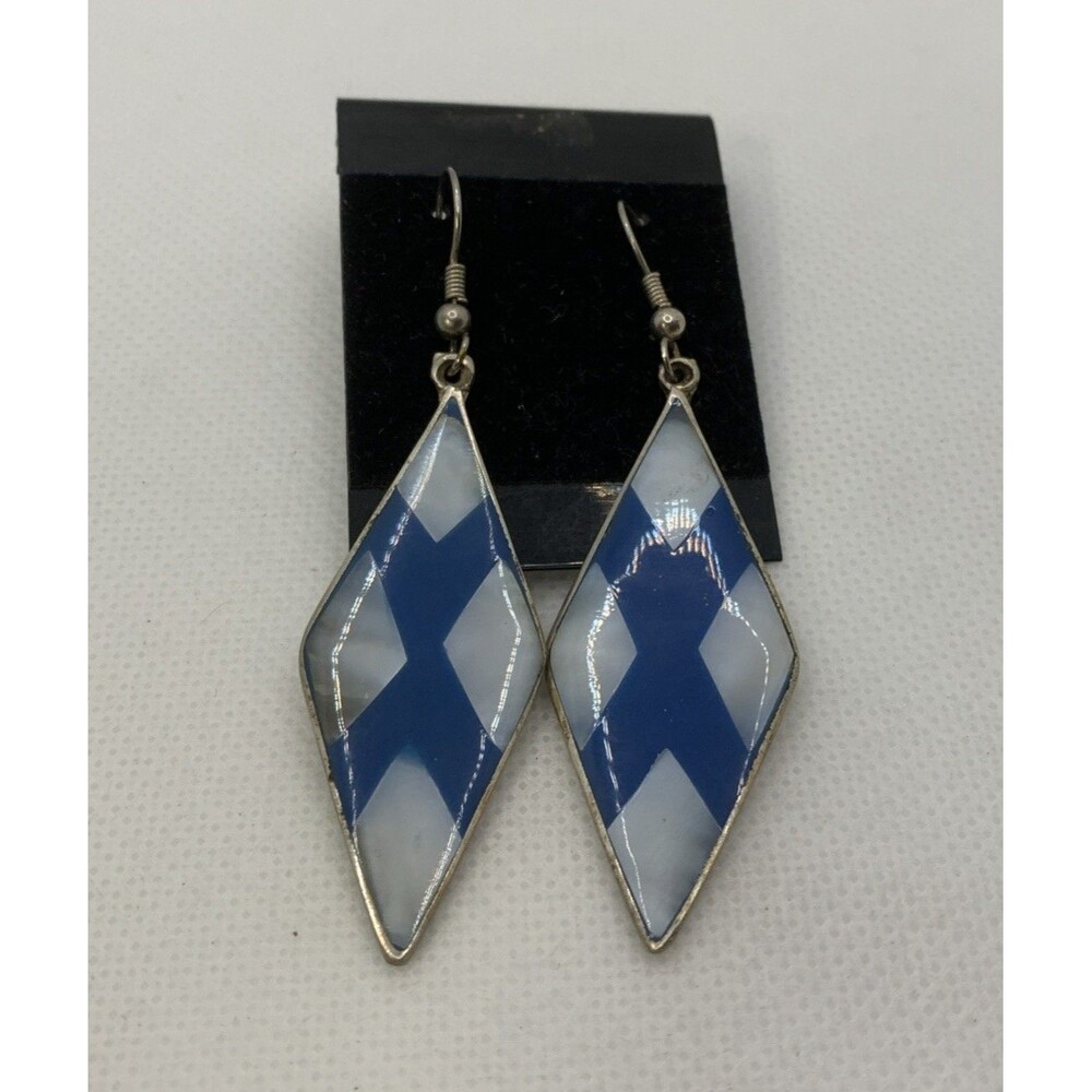 Vintage Alpaca Mexico Diamond Dangle Blue Abalone Mother of Pearl SilverEarrings